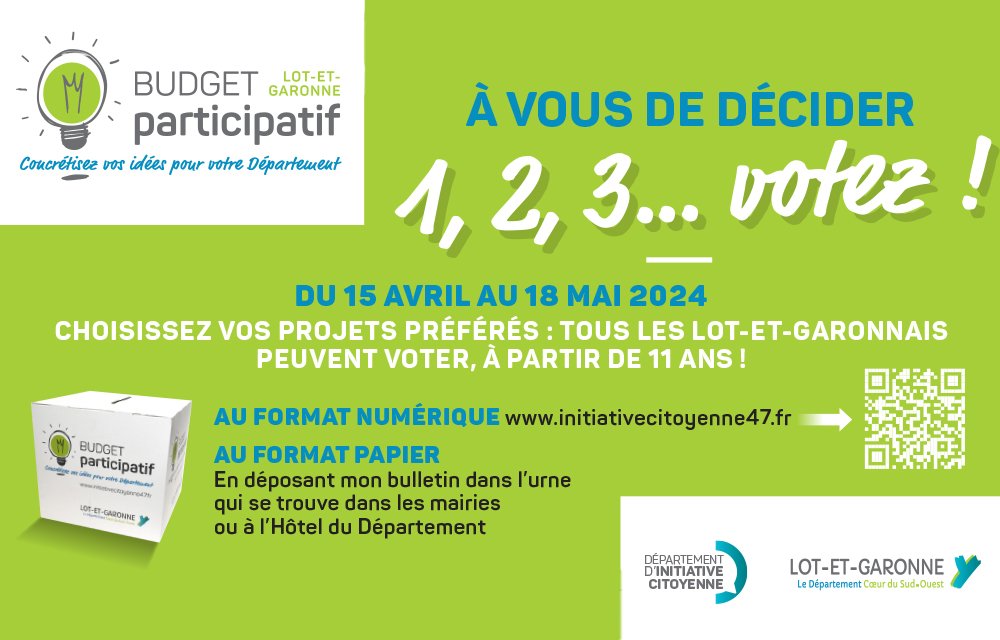 📢🗳️ Le vote est lancé depuis hier pour le 3ᵉ #budgetparticipatif citoyen du département du Lot-et-Garonne !  

𝟭𝟲𝟵 𝗶𝗱𝗲́𝗲𝘀 𝗱𝗲́𝗽𝗼𝘀𝗲́𝗲𝘀, 𝟭𝟭𝟴 𝗽𝗿𝗼𝗷𝗲𝘁𝘀 𝗲𝗻𝗰𝗼𝗿𝗲 𝗲𝗻 𝗹𝗶𝗰𝗲 🙌