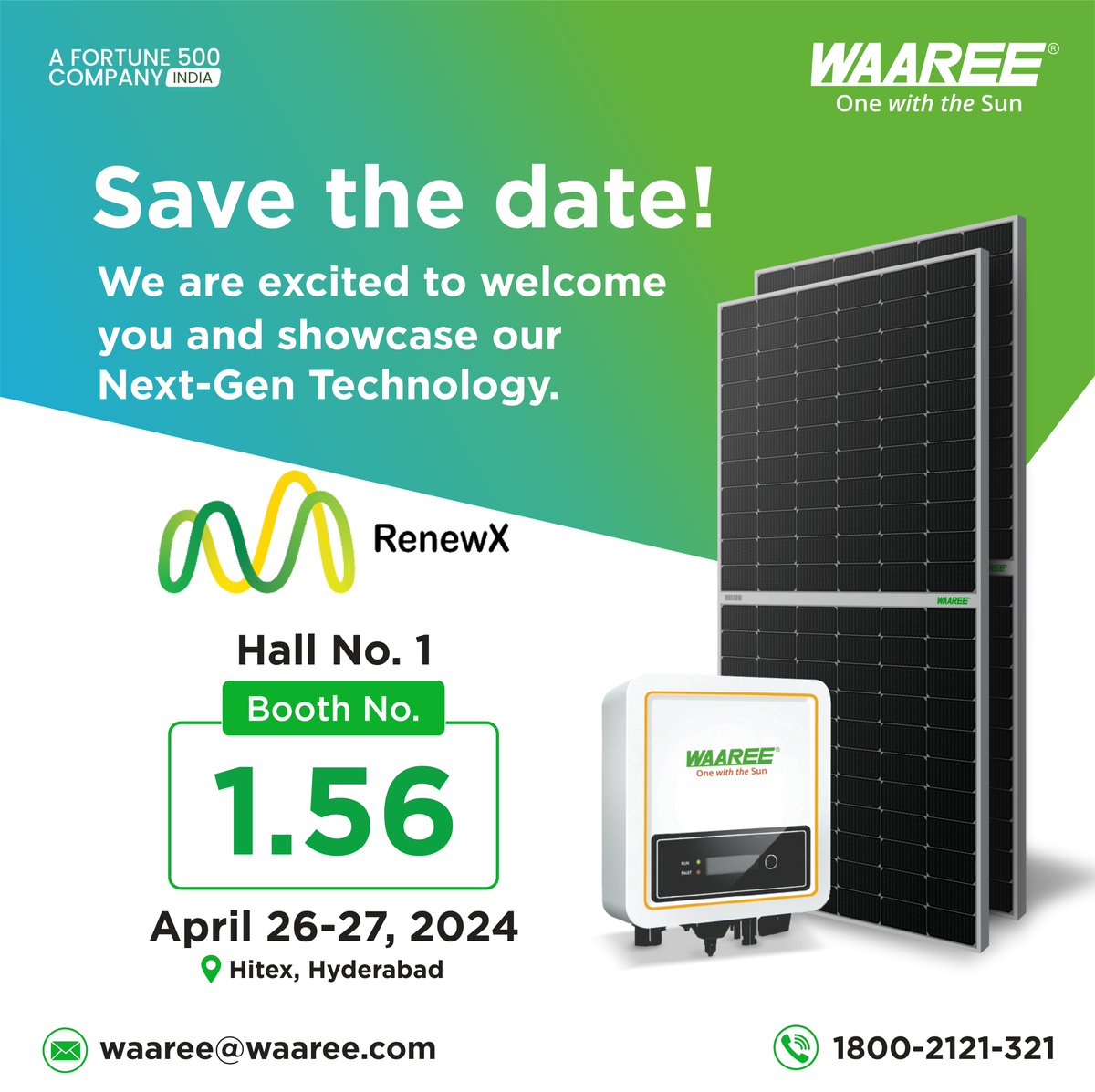 Join us at the RenewX Expo 2024, Hitex, #Hyderabad- where next-gen innovation meets energy brilliance!🌞Visit us at Hall No. 1, boot no-1.56 from April 26 to April 27 as we unveil our cutting-edge technology products and showcase our commitment to sustainable future.
#waaree