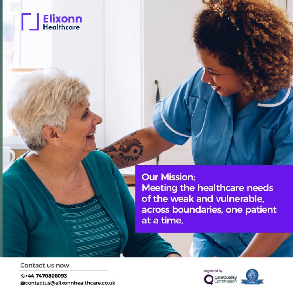 Our mission at Elixonn  Healthcare is to meet the healthcare needs of the weak and vulnerable, across boundaries, one patient at a time. 

 #DomiciliaryCare #HomeComforts #ElderlyCare #homecare #visitingcare #careathome #careservices #socialcare #elderlycare #seniorcare