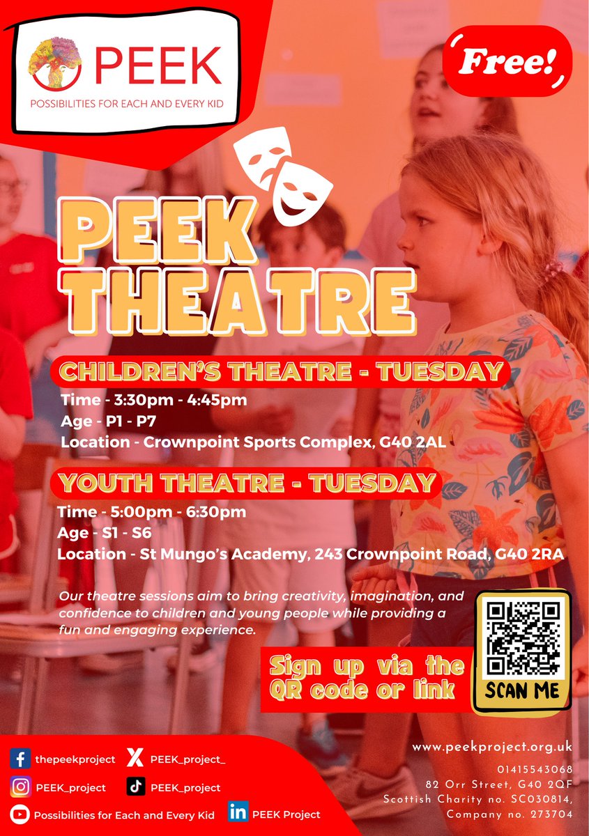 PEEK_SCOT's tweet photo. Get ready to unleash your creativity at #PEEKCreate, as next week we're bringing back:
🎨Visual Arts
🎭PEEK Theatre
📸Photography 

Each session leads to a world of imagination where kids can discover their creative superpowers!

Register by Friday - https://t.co/NFjxGyafdM https://t.co/q9oSKapmvE