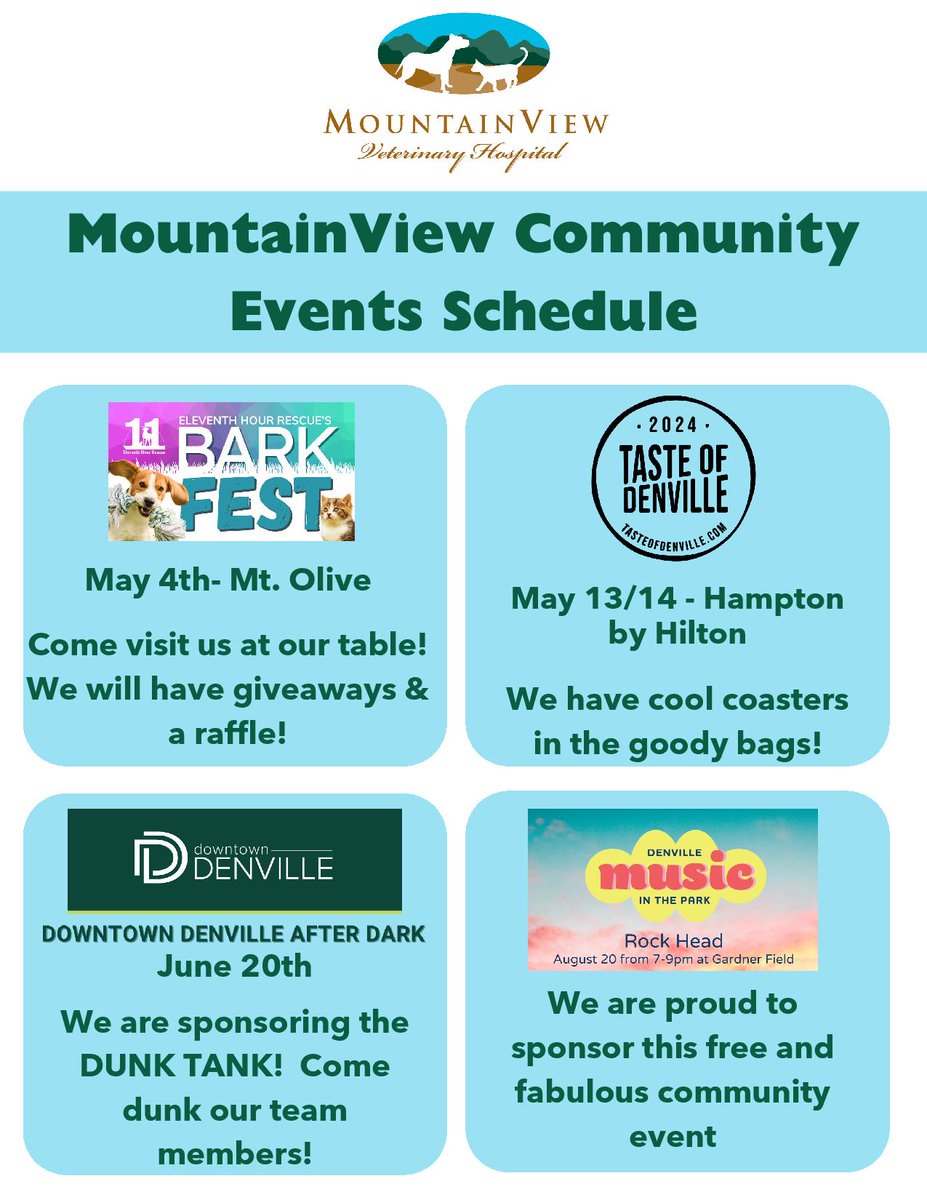 MtnViewVets's tweet photo. MountainView Veterinary loves supporting our local community!

Here are a few events that we are sponsoring over the coming months. 😀 https://t.co/iOPhHYvcj9