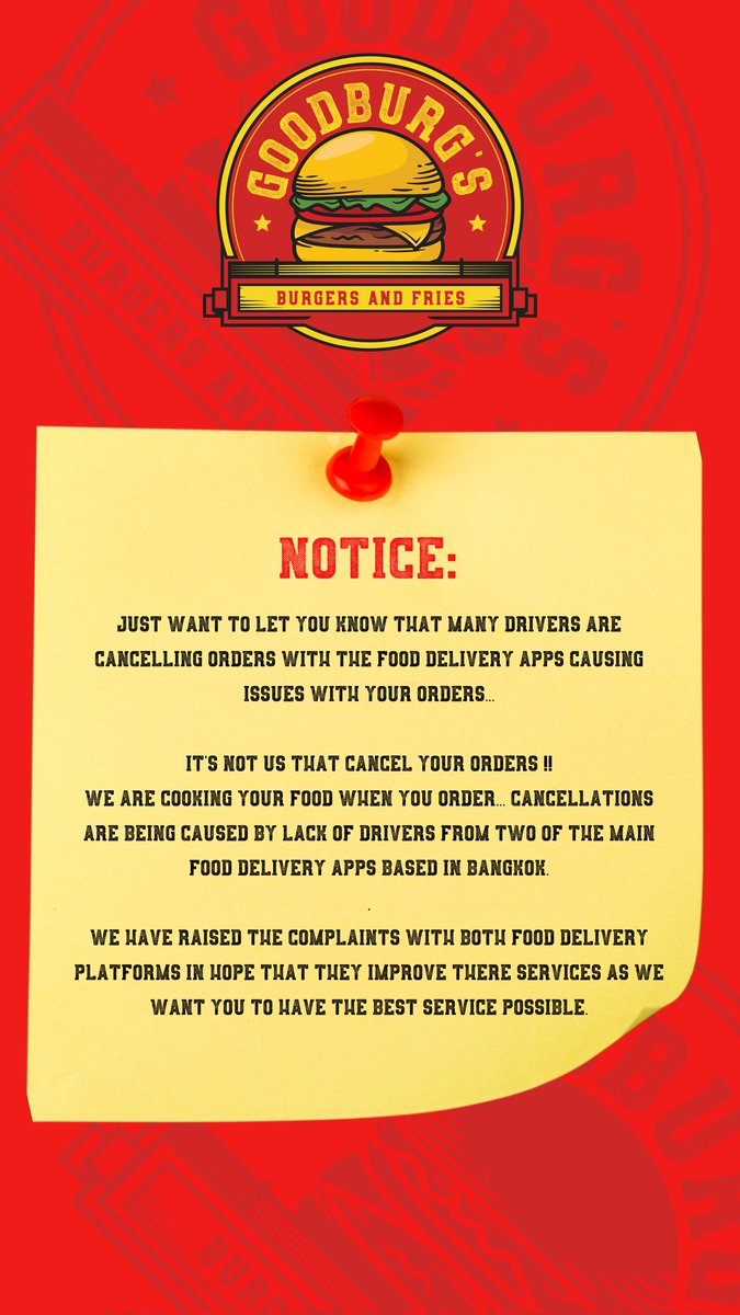 Sorry, everyone ! It's not us! Food delivery apps in bkk struggling and massive lack of drivers 

#foodpanda #grabfood #fooddelivery #deliveryapps #fooddeliveryapps #Bangkok #thailand #goodburgs #goodburgsbkk #notice #info #sorry #apologies #thankyou #biglove #foodapps #delivery