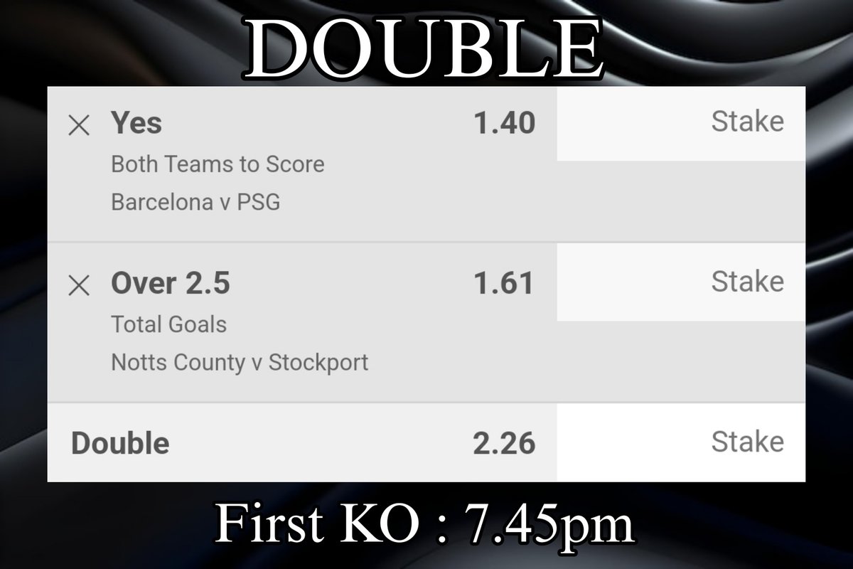 DOUBLE

First KO : 7.45pm

Champions League 🏆 
England 🏴󠁧󠁢󠁥󠁮󠁧󠁿 

#Football #Tips #Bets #Betting #ChampionsLeague #Dortmund #Barcelona #Double #Money