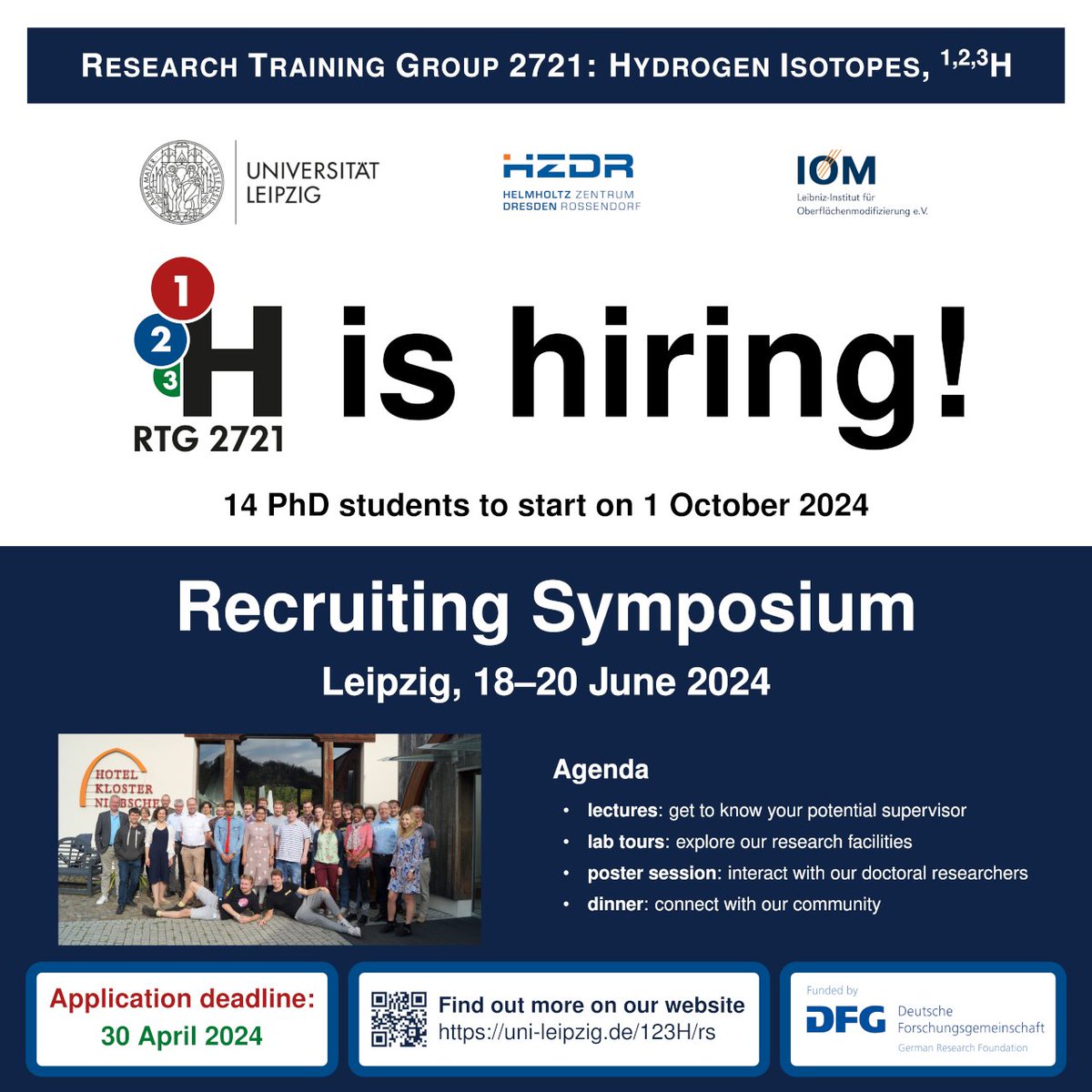 14 days left to apply for the ¹²³H Recruiting Symposium and learn about our 14 #openpositions for a #structured #PhD in #chemistry / #physics #research #jobs #materialsscience Find out more on our website: uni-leipzig.de/123h/rs