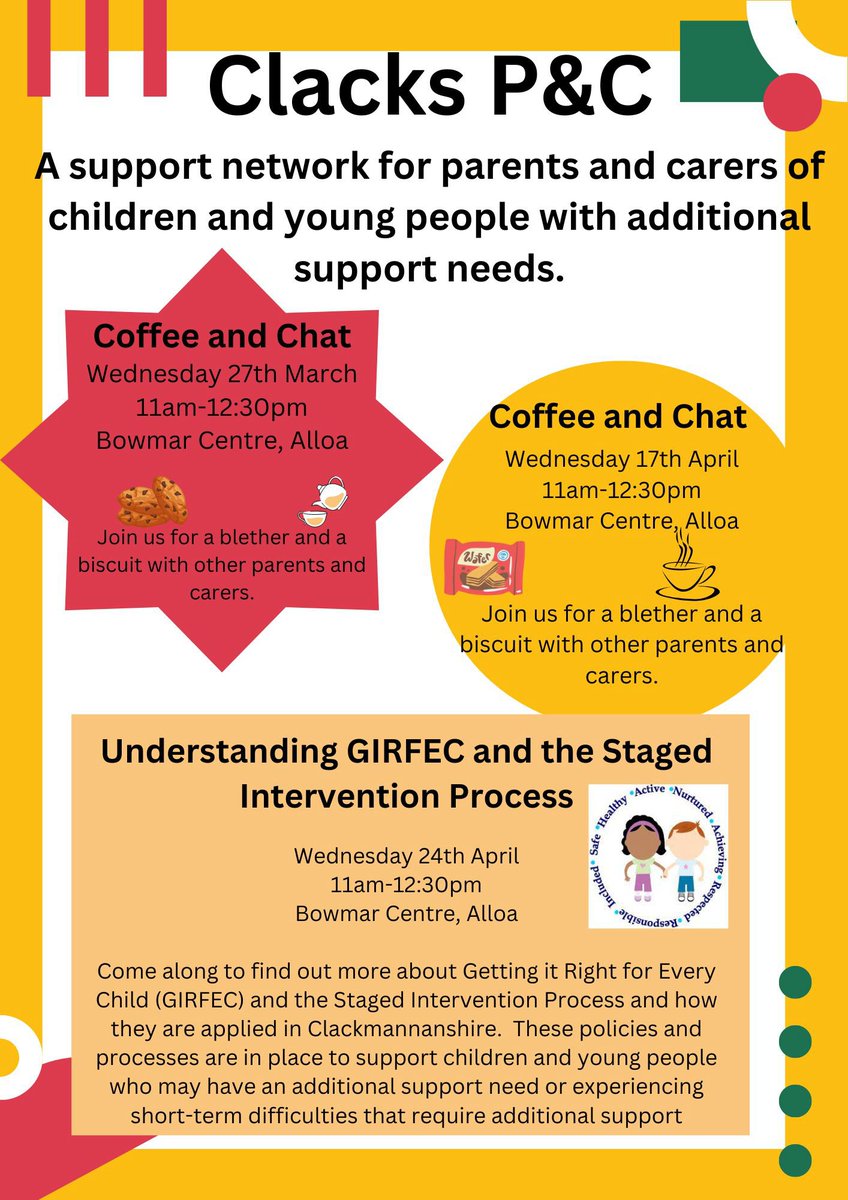 Clacks P&amp;C are welcoming parents / carers to their weekly sessions at the Bowmar Centre.  Come along for a friendly chat. On 24th April we will share information on the policies and processes in place to support children &amp; young people with additional support needs within Clacks.