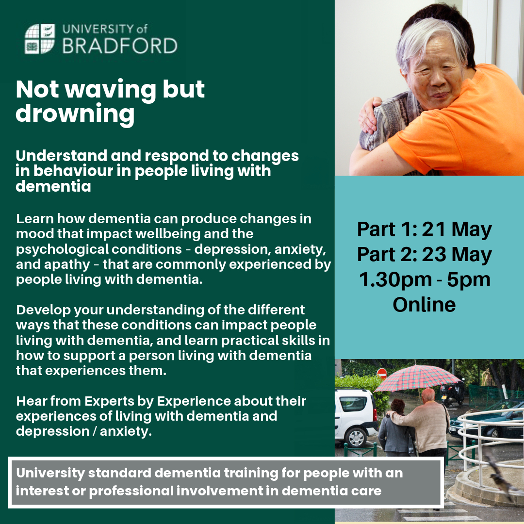 Depression, anxiety and apathy can make living with dementia much harder. We'll discuss how these conditions can affect people living with dementia, and explore practical strategies that you can use to support them in our May #dementia short course. Email: dementia@bradford.ac.uk
