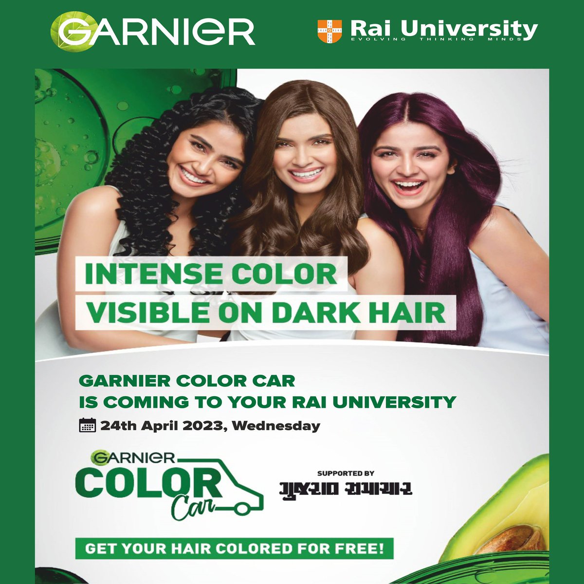 Get ready to add some color to your life! 🎨 Join us for Hair Grooming Session presented by Garnier and Gujarat Samachar. Don't miss out on this colourful experience ! See you on April 24th, 2024  #HairColorExperience #Garnier #FreeEvent #RaiUniversity