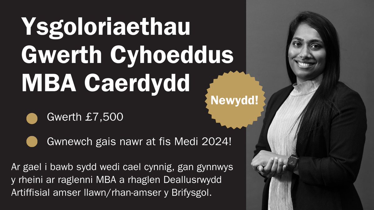 🌟Ysgoloriaethau Gwerth Cyhoeddus (Rhaglenni MBA)🌟 Rydyn ni’n cynnig ysgoloriaethau gwerth £7,500 i'r rhai sy'n awyddus i arwain newid cadarnhaol ym myd busnes. Gwnewch gais nawr! Ewch i'n gwefan i weld y telerau a’r amodau. ➡️bit.ly/3TYFr88