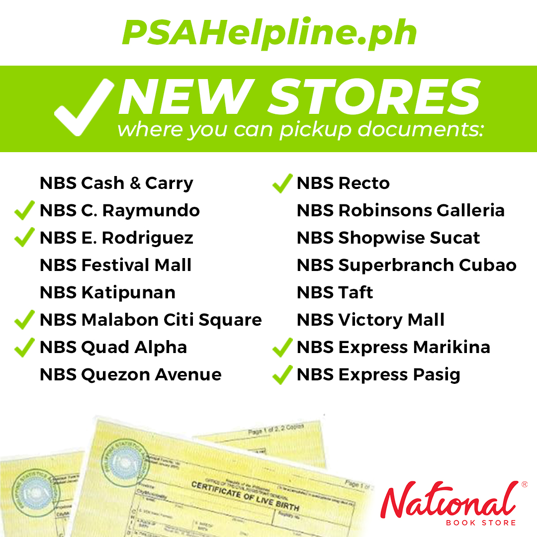 More #NationalBookStore branches can now be your pickup point for documents requested from the Philippine Statistics Authority!

Order from the psahelpline.ph today and get your documents from any of these participating branches. #PSA #PSAHelpline #SulitSaNBS
