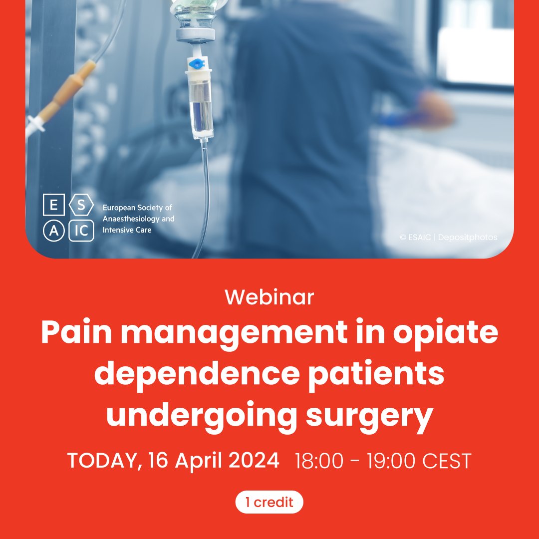Join the discussion TODAY at 18:00 CEST for the Webinar ‘Pain management in opiate dependence patients undergoing surgery’ and earn 1 European CME Credit. Register now: hi.switchy.io/Lz3- #ESAIC #ESAICWebinar #ESAICEducation #MedicalEducation #painmanagement
