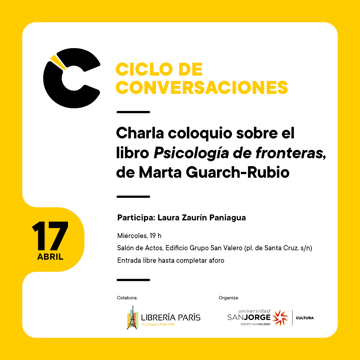 #AgendaParís🗓️ 📖Charla coloquio sobre “Psicología de fronteras”, de @GuarchRubio, publicado por @PrensasUnizar. 📅Miércoles, 17 abril 🕖19 h. 📍Edificio Grupo San Valero (Pl. de Santa Cruz, s/n) @CulturaUsj. Más info 👉libreriaparis.com/blog/2024/char…