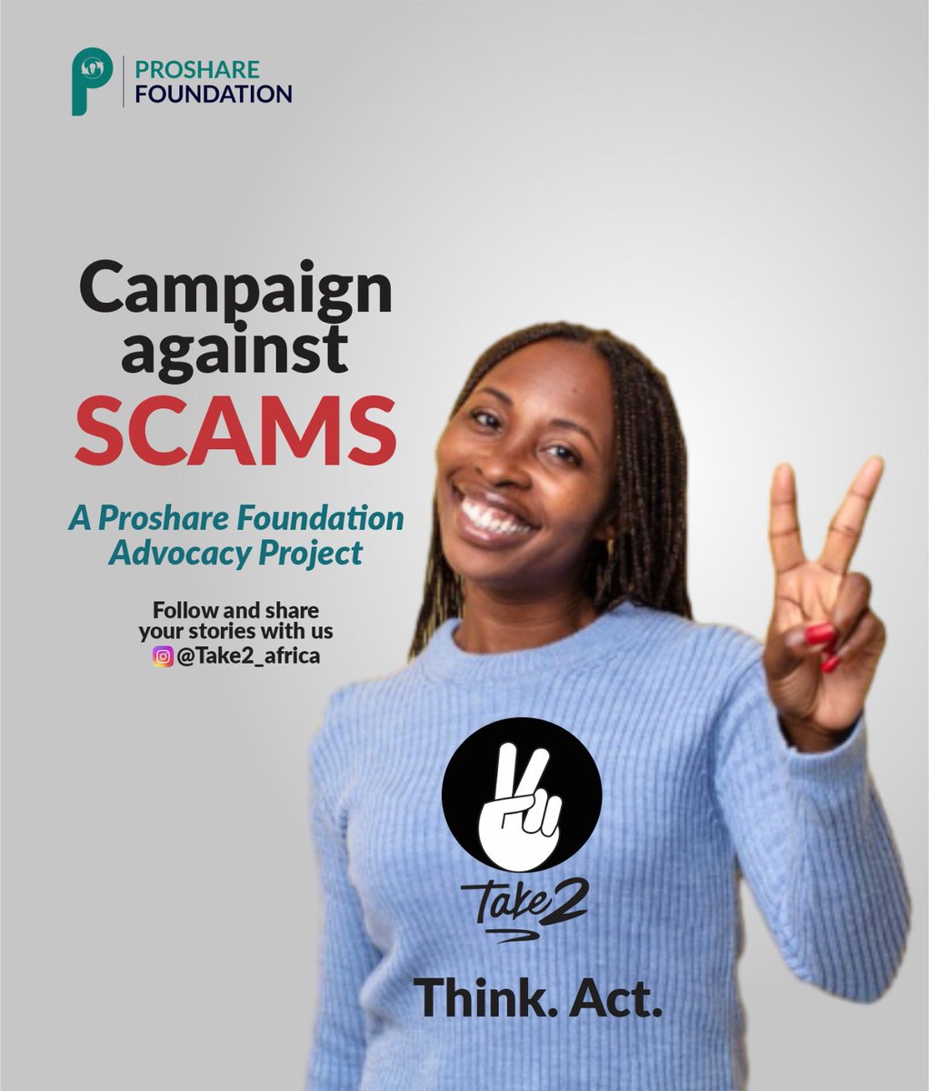 proshareFDN's tweet photo. Think twice before you click, invest, or send. Scams and frauds are everywhere, from finance to ecommerce, to employment etc. 

Our #Take2 campaign, empowers YOU to be financially well and scam-savvy. 

#FinancialLiteracy #BeEmpowered #FinancialWellness #ThinkBeforeYouAct https://t.co/A0dmSUMOiU