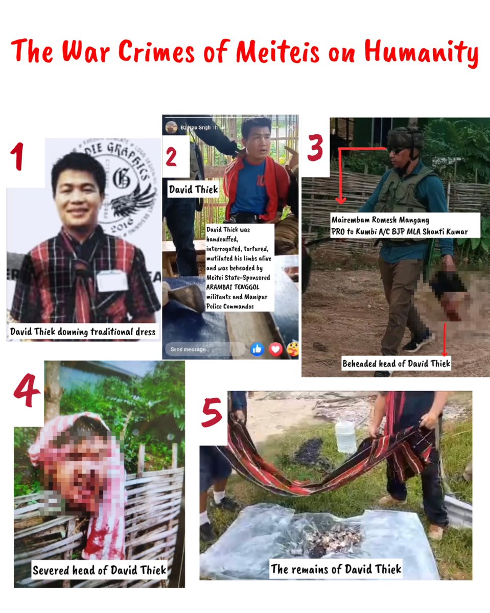 UncleHming's tweet photo. ��𝐄𝐈𝐓𝐄𝐈𝐒’ 𝐂𝐑𝐈𝐌𝐄 𝐎𝐍 𝐇𝐔𝐌𝐀𝐍𝐈𝐓𝐘

On July 2, 2023, Mairembam Romesh Mangang, PRO to Kumbi A/C BJP MLA Shanti Kumar, was seen holding David Thiek’s head at Langza Village

Will @CBIHeadquarters @HMOIndia care to answer?

#MeiteiAtrocities #UnionTerritory4Kuki_Zo https://t.co/4S4q9hc2AT