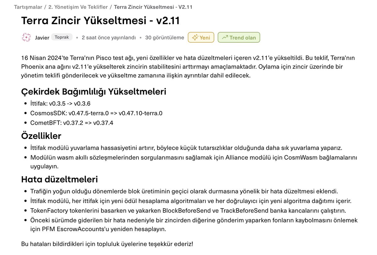 Terra Classic ağının v2.11 güncellemesi yakın zamanda gerçekleştirilecek.

✔️Terra Classic zincirinde iyileştirme ve güncelleştirme çalışmaları tam gaz devam ediyor. Bu kapsamda v2.11 güncellemesinin test aşamaları tamamlandı.

▪️ Yükseltmenin SDK kısmı önemli. Bu yükseltme alt…