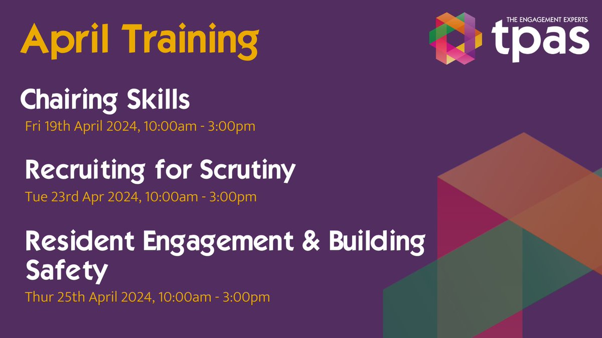 We've got some great training coming up - here's the next few dates to highlight for April, and you can also take a look at our full list of events. It's time to book on! 🙂 tpas.org.uk/tpas-events/tr… #socialhousing #training #ukhousing #residentengagement