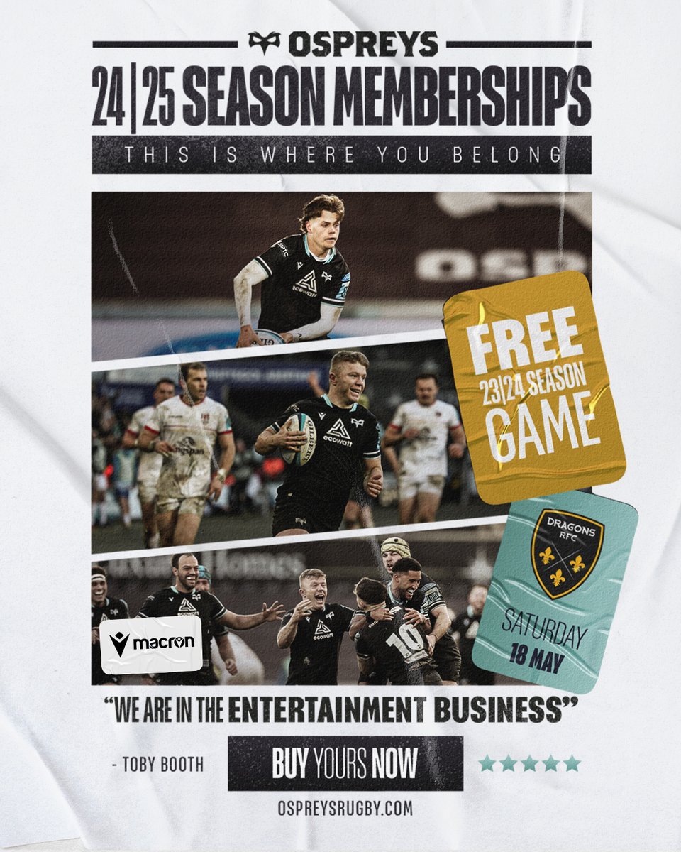 Season Memberships on sale, with prices from 50 quid for a kid. ✅ Weekends full of entertainment (£50) ✅ A season full of memories (£50) ✅The chance to watch their rugby heroes (£50) ✅ Free tickets to Dragons on May 18th (3pm KO) 🎟️bit.ly/OSP2425 #TogetherAsOne