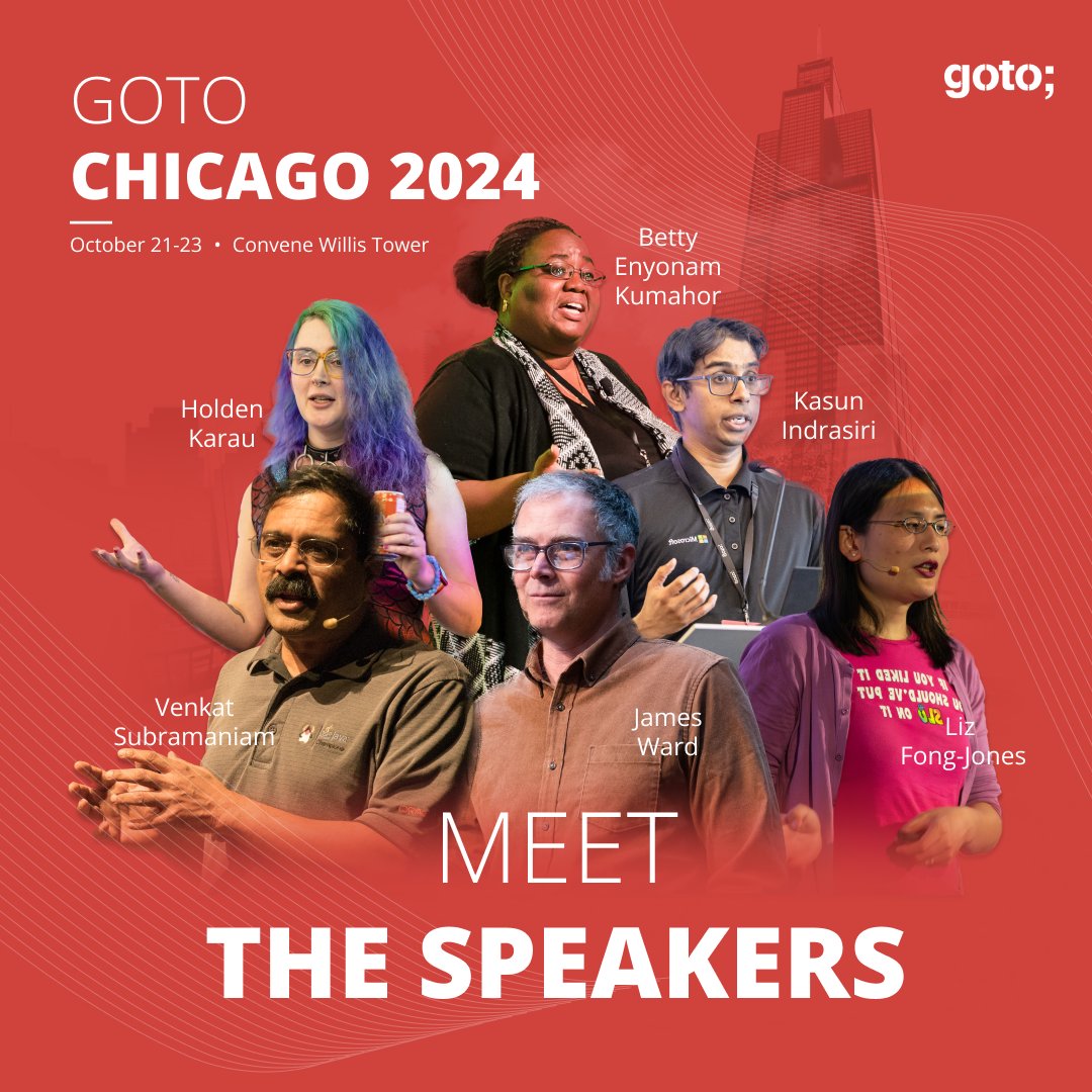 🚀 First speakers announced for GOTO Chicago 2024! 🚀 Elevate your skills with insights from: ⚡️@enyok ⚡️@venkat_s ⚡️@lizthegrey ⚡️@mdwelsh ⚡️@_JamesWard ⚡️@kasunindrasiri ... and more! 🔗 Full lineup: lnkd.in/edRED94W More speakers coming soon, stay tuned.