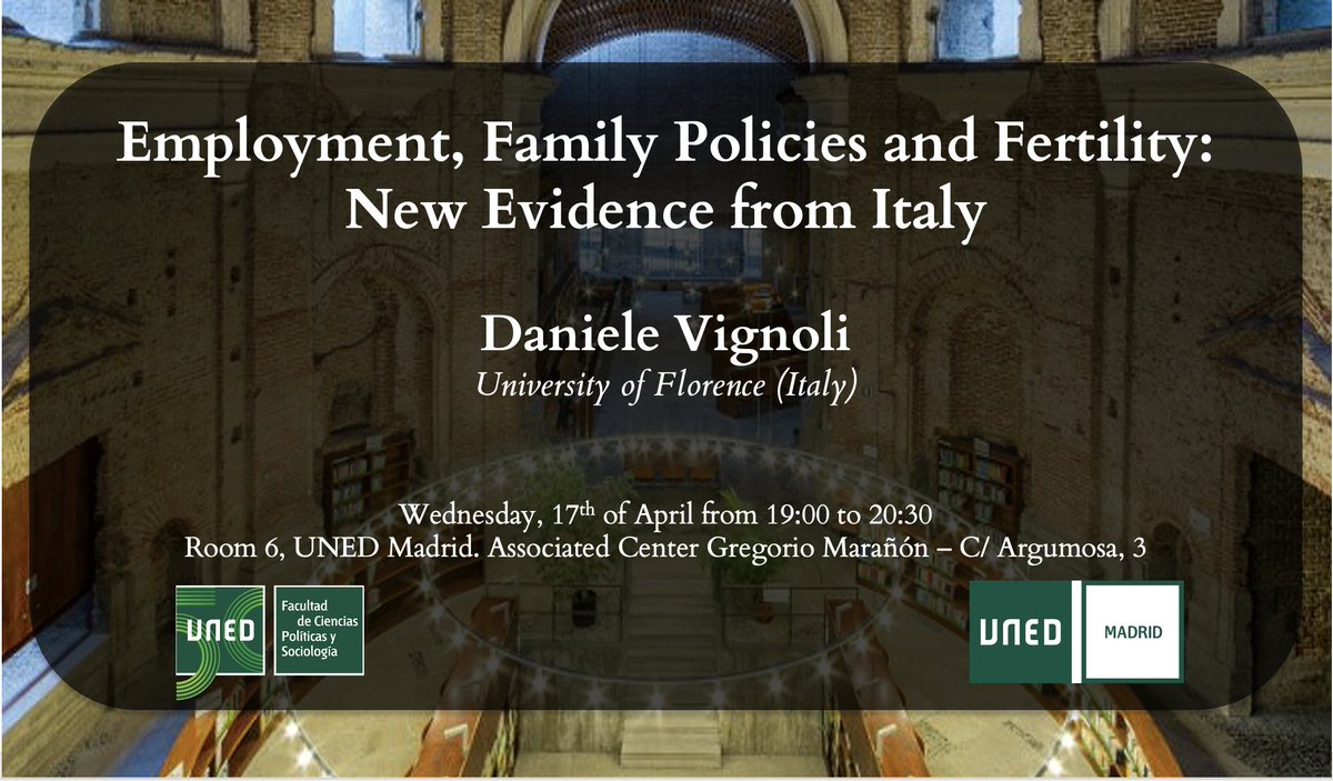 Tomorrow we have Daniele Vignoli talking about about the links between labor, policy and fertility in the Italian context. 

As usual, at 19:00 in UNED Gregorio Marañón (Lavapiés, Madrid). 

See you!