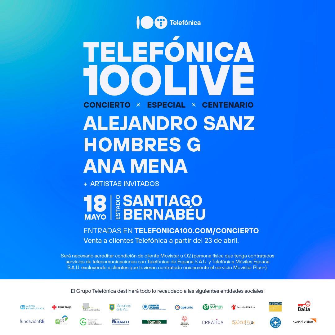 Qué ganas tenía ya de anunciaros que estaré en el #Telefónica100Live junto con @AlejandroSanz @hombresg! Un concierto único para celebrar el Centenario de @Telefonica en el Santiago Bernabéu!! Nos vemos el 18 de mayo? 🩵🪄
