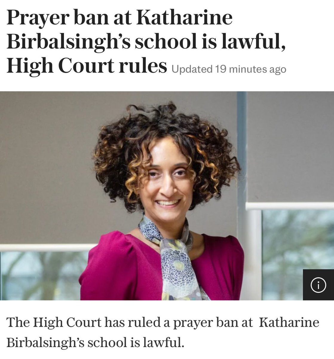 Katharine Birbalsingh’s Michaela School prayer ban is lawful, says the High Court. Birbalsingh introduced the prayer ban in March last year “against a backdrop of events including violence, intimidation and appalling racial harassment of our teachers”. A muslim pupil, who cannot