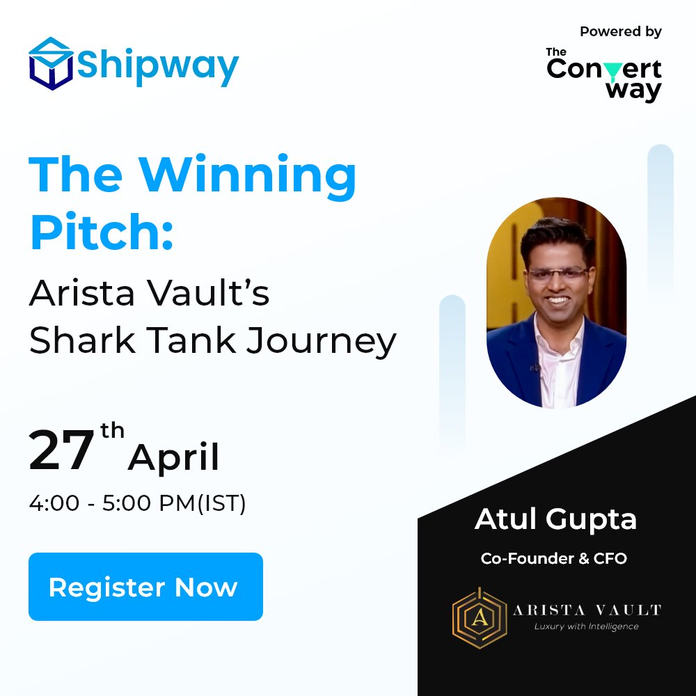 🤔Ever wondered what it takes to impress the Sharks? Join us for a webinar with Atul Gupta, co-founder of @aristavault, as he dives deep into his @sharktankindia journey. 👇Register us06web.zoom.us/webinar/regist… #SharkTankIndia #Pitch #Funding #AristaVault #Startups #D2C #Shipway