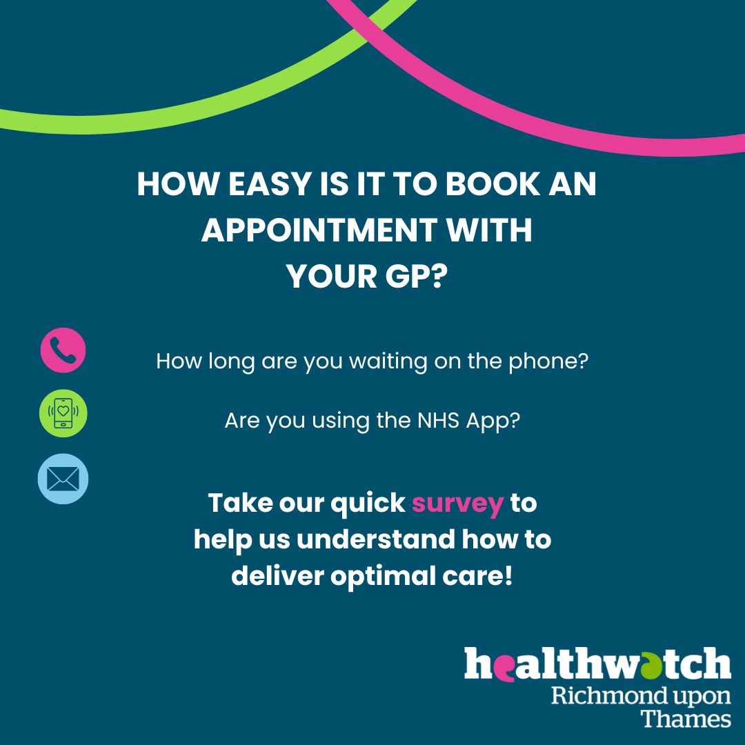 Help Healthwatch Richmond understand how to improve GP appointment booking! Click here to complete the survey: smartsurvey.co.uk/s/A6ES6E/