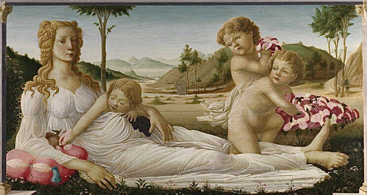 Appoggiata su un cuscino rosa, questa giovane donna, ideale della bellezza nella Firenze rinascimentale, ci guarda
Non si sa chi sia l’autore, ma sicuramente si ispirò a “Venere e Marte” di Botticelli
Forse rappresenta la fertilità, perfetto per la camera di due sposi fiorentini