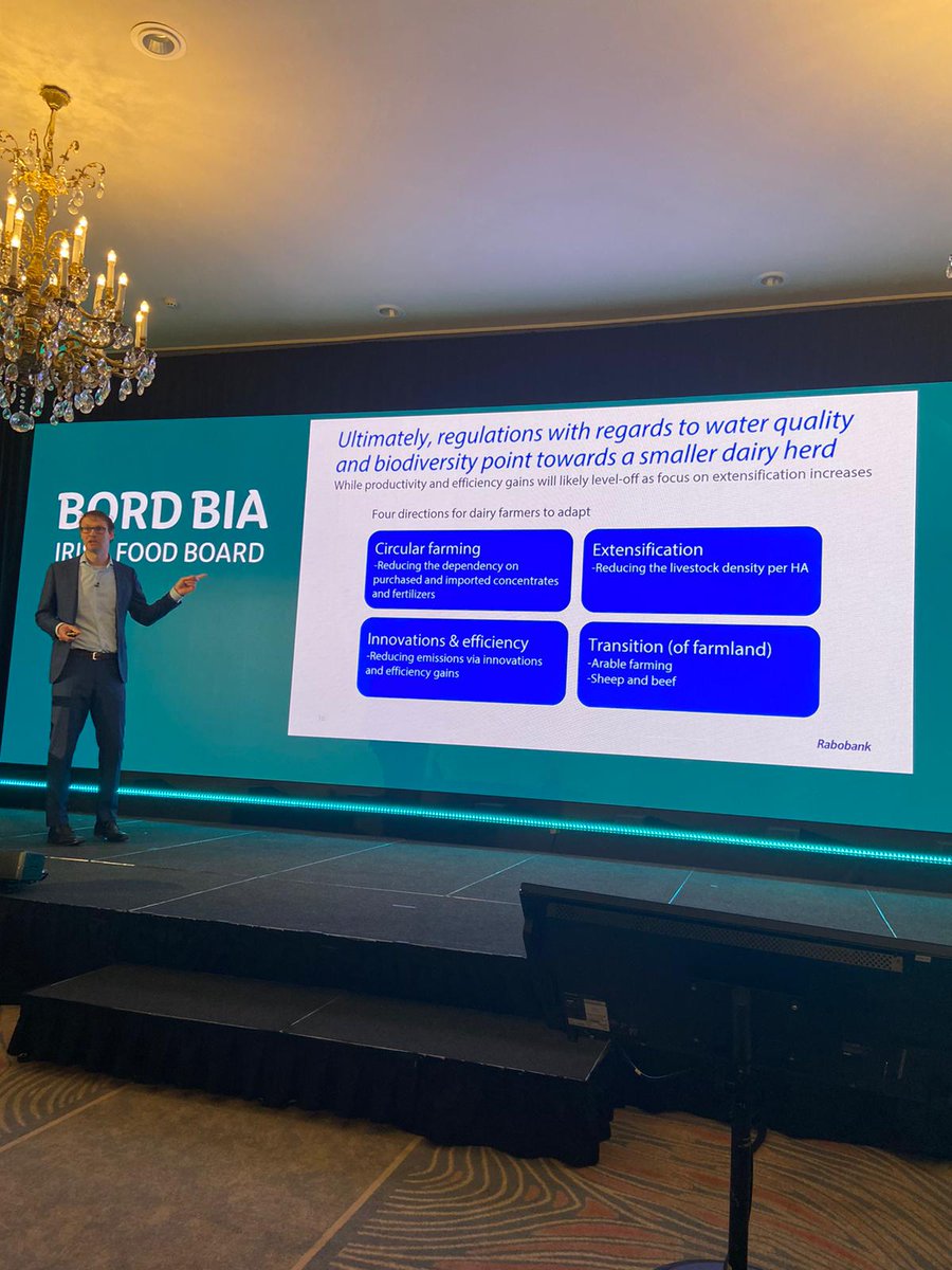 Richard Scheper, @raboresearch, addressing the audience today at @Bordbia’s Dairy Markets Seminar notes that, ultimately, regulations with regard to water quality and biodiversity point to a smaller dairy herd #irishfood #irishdairy #dairy