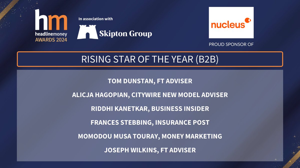 Headlinemoney (@headlinemoney_) on Twitter photo Next up we have the shortlist for Rising Star of the Year (B2B) #HMAwards24, sponsored by <a href="/nucleuswrap/">Nucleus Financial</a>!
Congratulations to <a href="/tom_dunstan/">Tom Dunstan</a>, <a href="/HagopianAlicja/">Alicja Hagopian</a>, Riddhi Kanetkar, Frances Stebbing, <a href="/mmtouray/">Momodou Musa Touray</a> & Joseph Wilkins 👏
tinyurl.com/dxtr4nt8 Next up we have the shortlist for Rising Star of the Year (B2B) #HMAwards24, sponsored by <a href="/nucleuswrap/">Nucleus Financial</a>!
Congratulations to <a href="/tom_dunstan/">Tom Dunstan</a>, <a href="/HagopianAlicja/">Alicja Hagopian</a>, Riddhi Kanetkar, Frances Stebbing, <a href="/mmtouray/">Momodou Musa Touray</a> & Joseph Wilkins 👏
tinyurl.com/dxtr4nt8