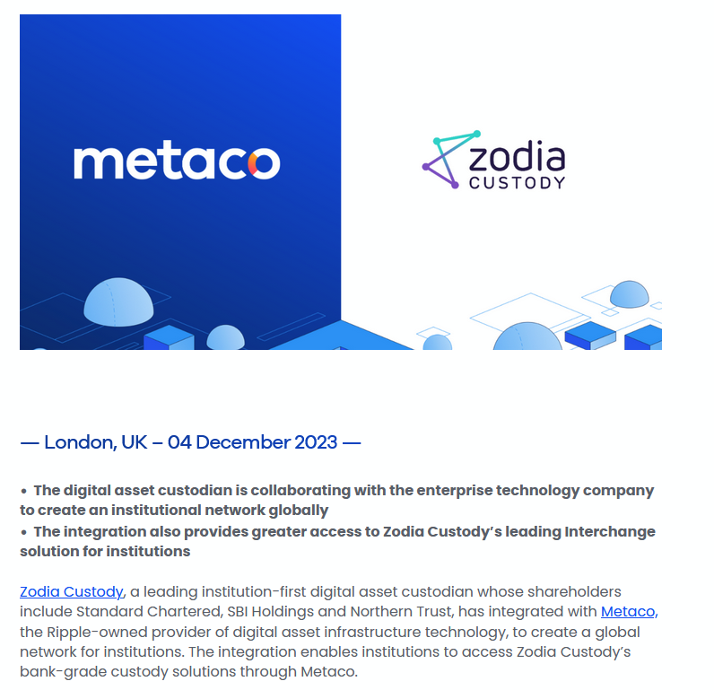 🌐🔥 RIPPLE | METACO AND ZODIA CUSTODY´S MISSION IS TO 'CREATE A GLOBAL NETWORK FOR INSTITUTIONS' ➡️ PARTNERSHIP SINCE DEC 2023

➡️ 'ZODIA CUSTODY, A LEADING INSTITUTION-FIRST DIGITAL ASSET CUSTODIAN WHOSE SHAREHOLDERS INCLUDE #STANDARDCHARTERED, #SBIHOLDINGS AND #NORTHERNTRUST…