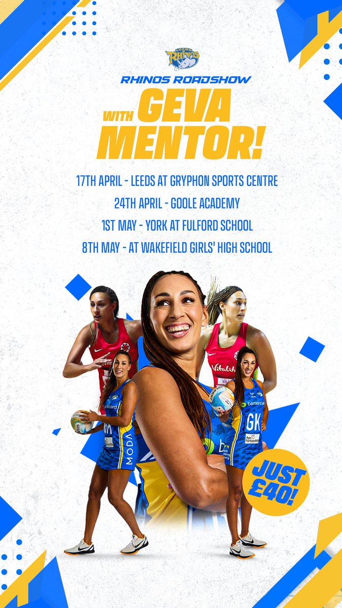 Rhinos Roadshow with Geva Mentor

Coming to East Yorkshire
Wednesday 24th April at Goole Academy

<a href="/RhinosNetballSL/">NIC Leeds Rhinos Netball</a>