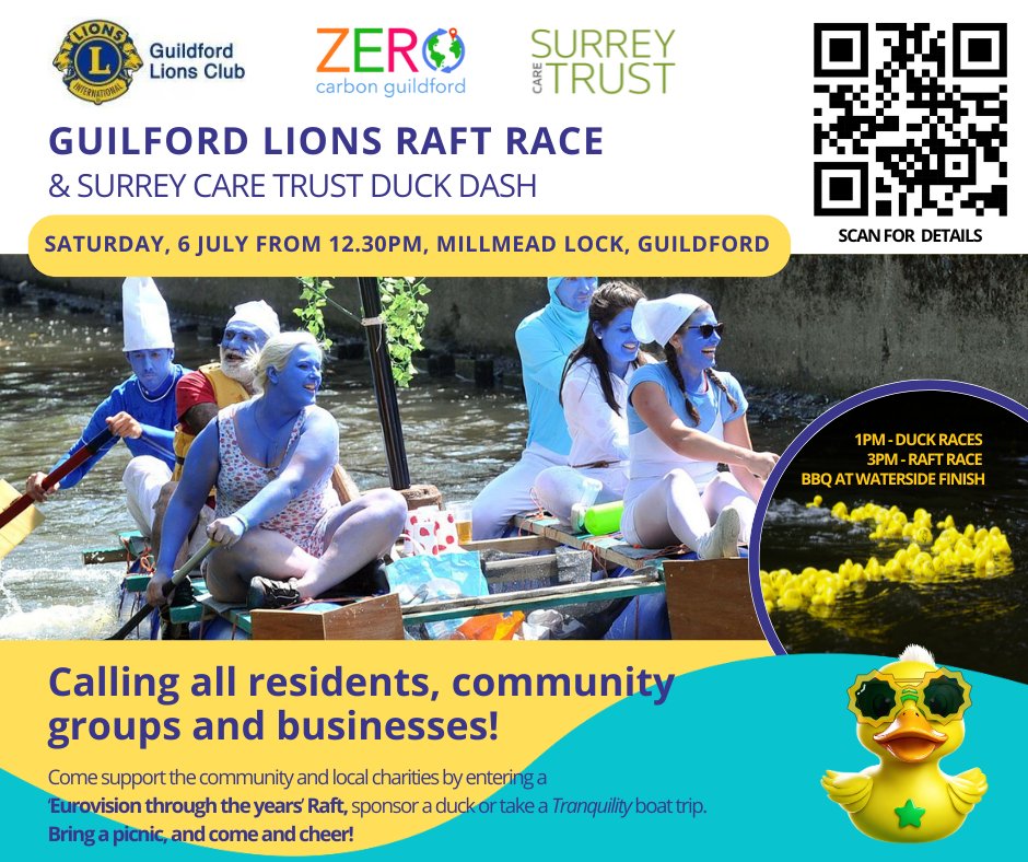 SAVE THE DATE! Our Raft Race is on SATURDAY 6th JULY 2024! Spread the news far and wide: the theme is 'Eurovision Through The Years' so get building your rafts - entry via our Guildford Lions Club website! #guildfordlionsclub #charityraftrace #riverwey #surrey