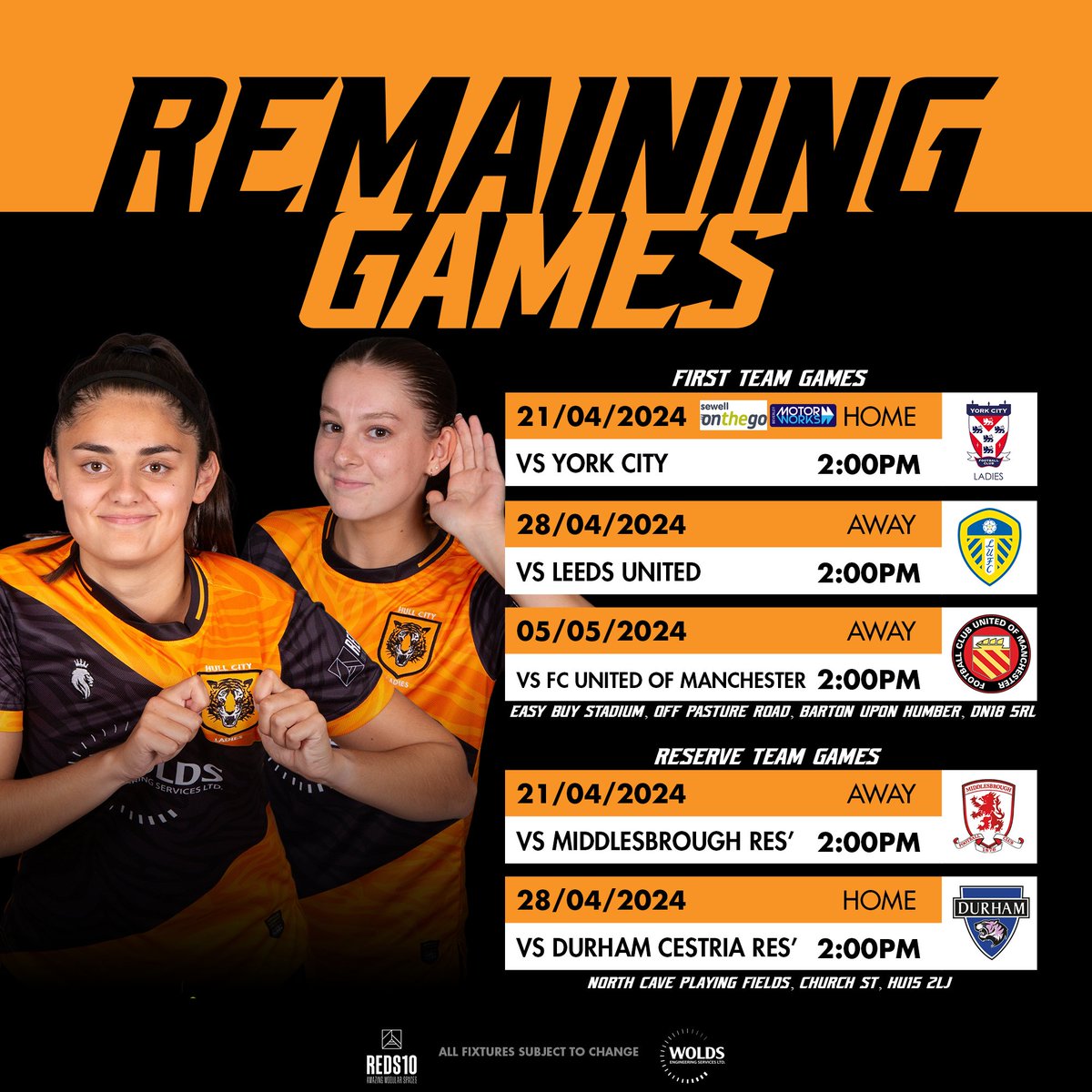 Games we have left this season! ⚽

🆚 York City (H) - 21/04/2024
🆚 Leeds United (A) - 28/04/2024
🆚 FC United (A) - 05/05/2024

🆚 Middlesbrough Reserves (A) - 21/04/2024
🆚 Durham Cestria Reserves (H) - 28/04/2024

#HearUsRoar 🧡