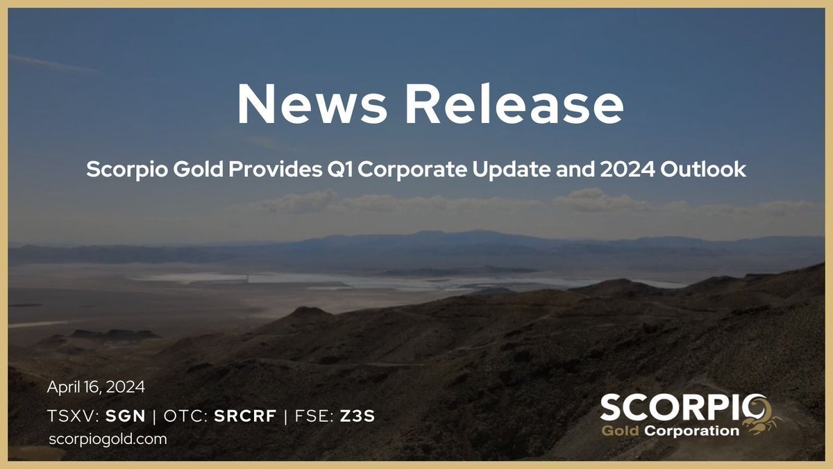 📰 NEWS | Scorpio Gold Provides Q1 Corporate Update and 2024 Outlook: buff.ly/3PZqWzR  $SGN

TSXV: SGN | OTC: SRCRF | FSE: Z3S

#Nevada #News #Q1 #Update #Invest #goldstocks #PreciousMetals #Mining #JuniorMining #ScorpioGold #SGN #NewsRelease #Plans
