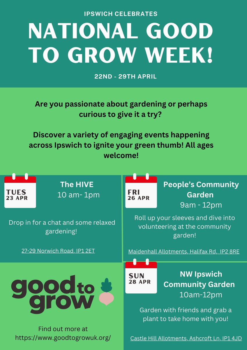 Good to Grow Week is next week! If you're around Ipswich and are a gardening expert or new to having a green thumb, have a look here to find out more and sign up to some events - buff.ly/4aSWpM4 #creatingthegreenestcounty #goodtogrowweek #Ipswich #Suffolk