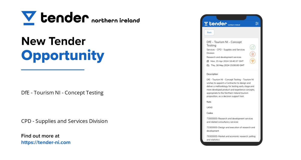 tendernicom's tweet image. Opportunity for suppliers in Northern Ireland! DfE - Tourism NI is seeking concept testing services. Don&apos;t miss out! #NorthernIreland #concepttesting #tenderni Visit: tender-ni.com/tender/4905946