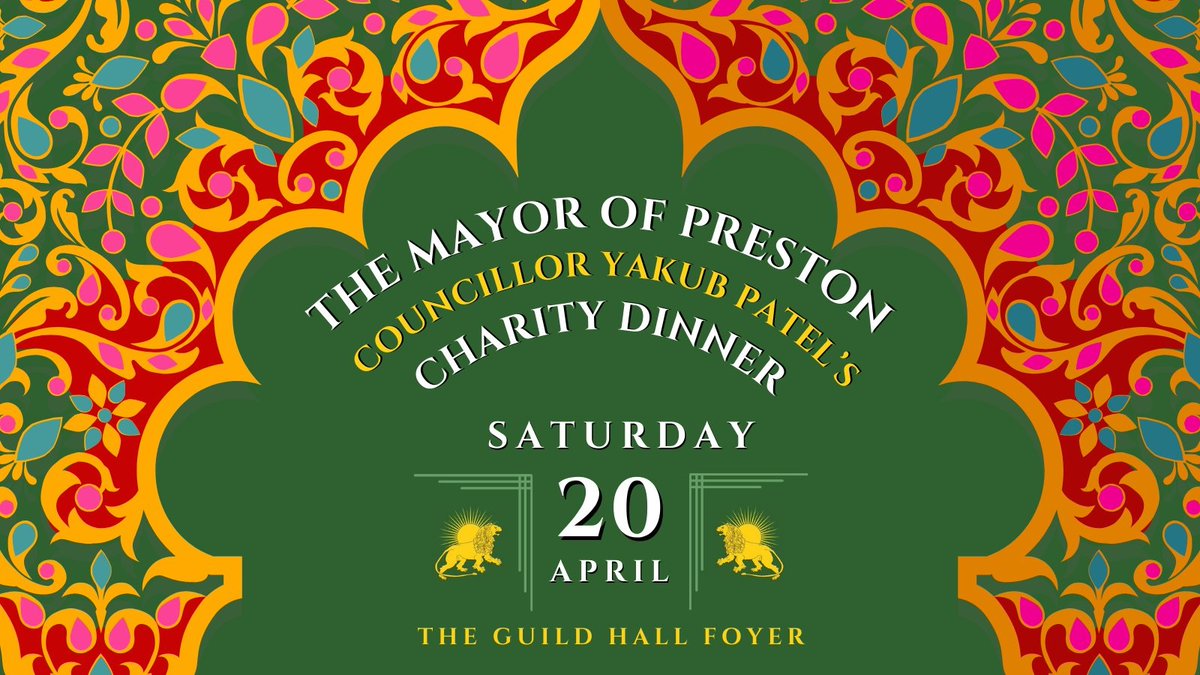 Join the Mayor of Preston for a Charity Dinner on Saturday, 20 April. 📍The Guild Hall Foyer | 🎫£30 🍴 Drinks from 7:30pm and a served buffet of Indian, Mughal cuisine from 8:30pm. All food served will be halal with a vegetarian option. 📧 Email: themayor@preston.gov.uk