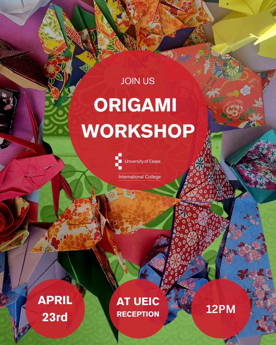 Join us next week for an origami workshop in the college reception. 

No prior experience is necessary, so come and unleash your creativity in a fun and relaxing environment. 

Supplies will be provided!

#KaplanLife #UEIC #StudyinColchester #StudyAbroad