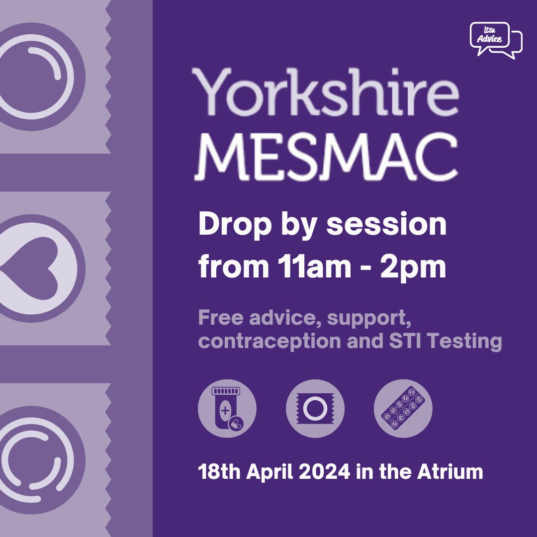 LTSUAdvice's tweet image. Join us and Yorkshire MESMAC this Thursday for a drop in session! 💬 They're here to answer all your questions about sexual and LGBTQ+ health, provide resources and are even offering private on-site STI Testing 🌟 

#LTSU #LTSUAdvice #UniDropIn #YorkshireMESMAC #SexualHealth