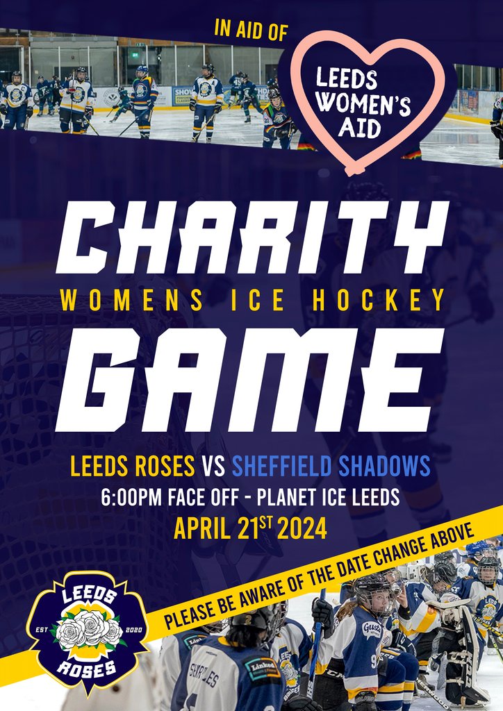 The Leeds Roses Ice Hockey Club charity game is this Sunday! 🏒 All money raised on the night will be donated to Leeds Women's Aid. 💜 Game starts at 6pm, doors open from 5.30pm. It's FREE ENTRY, no booking required. 🕕 #IceHockey #LeedsRoses #Fundraising