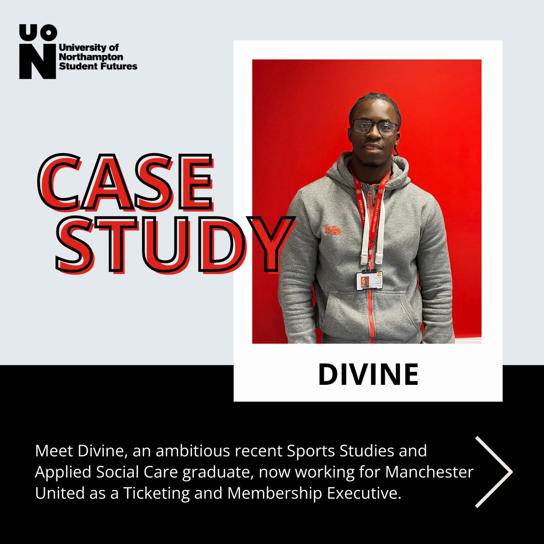 🌟 Case Study Spotlight 🌟 Meet Divine, an ambitious recent Sports Studies and Applied Social Care graduate, now working for Manchester United as a Ticketing and Membership Executive. Read his inspiring story ➡️ ow.ly/Uu1Q50Rcztu #StudentFutures #UON #CareerDevelopment