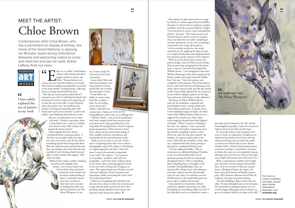 Today we're introducing you to equestrian artist Chloe Brown, as featured in the Spring edition of OX Country magazine: oxmag.co.uk/articles/meet-…. Chloe is opening her Bicester studio (Artweeks listing venue 5 (artweeks.org/v/c-g-art-coll…) during week 1 of the festival (4th-12th May).