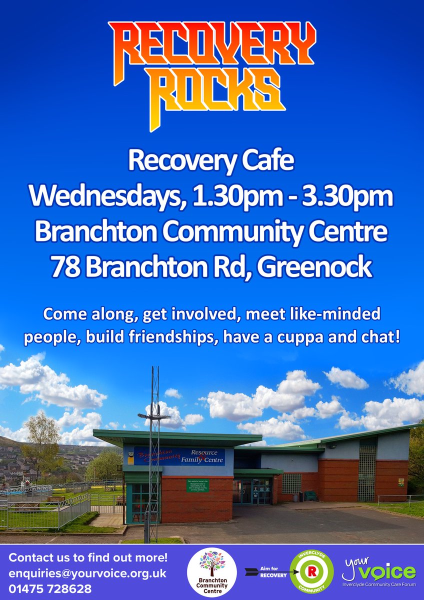 Come along to our Recovery Café at @BranchtonC 😍 The weekly café will take place from 1.30-3.30pm every Wednesday, we hope to see you there! 🙂 Find out more about Recovery yourvoice.org.uk/recovery #recovery #greenock #inverclyde #recoveryispossible