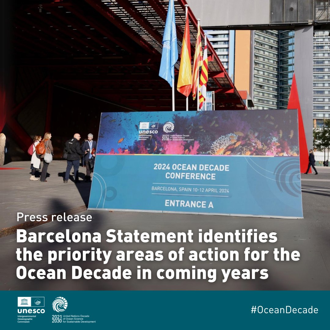 #OceanDecade24, held in Barcelona on 10-12 April and co-organized by @IocUnesco, rallied 4,500 participants from 124 countries in-person and online. The event's main outcome is the Barcelona Statement, which identifies priorities for the #OceanDecade: ow.ly/u1YX50RgVoe