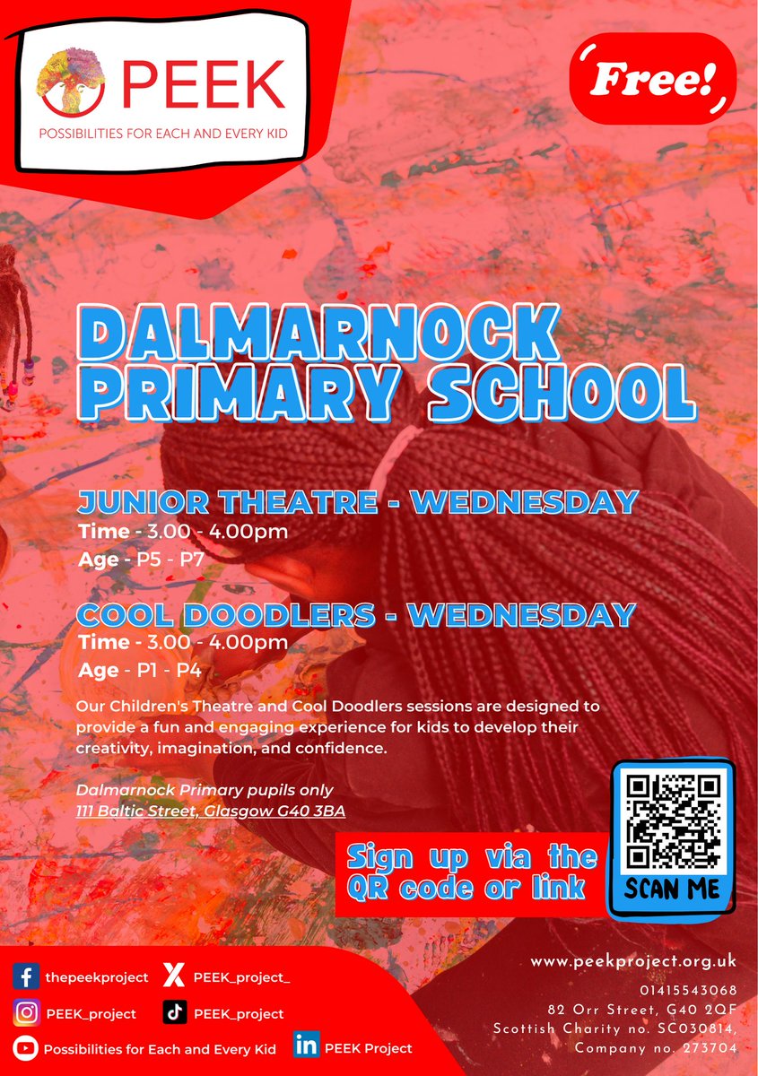 Join us at Cool Doodlers and Children's Theatre based at @DalmarnockPS every Wednesday. 🎨 Each session allows children to explore their creativity and try new things in visual arts and drama. To sign up register via the link by Friday - forms.office.com/e/6RxVyS1abr