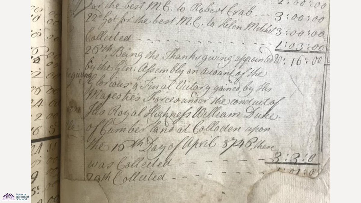 A church book containing donations made by Aberdeenshire parishioners in thanks for the government victory over the Jacobite army at Culloden, 16 April 1746. Find out more about what our church records can tell us about Scotland’s past 👇 bit.ly/OBChurchRecords