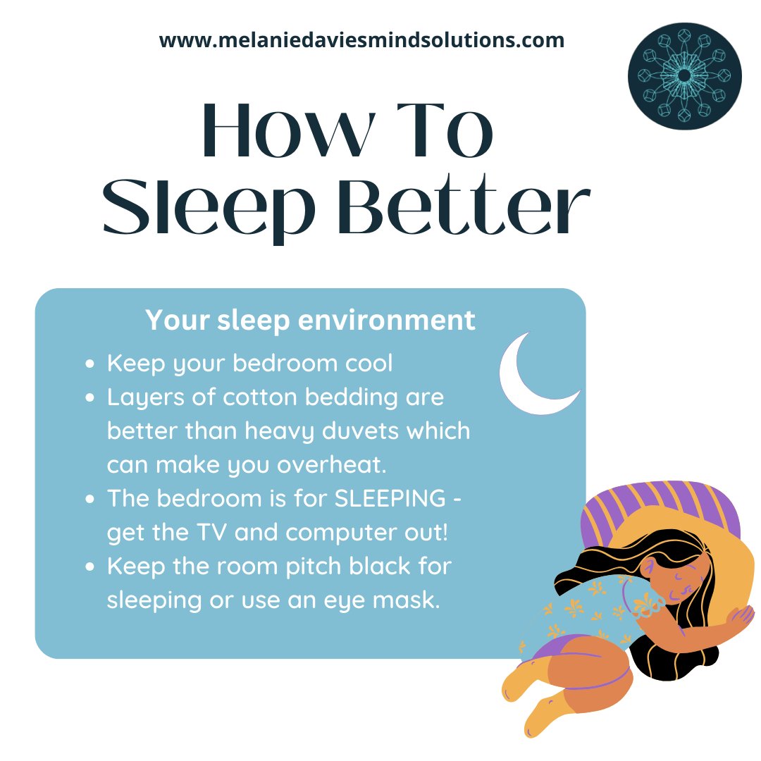 Want better sleep?

1. Keep it cool.
2. Make your bedroom a sanctuary - keep screens out.
4. Keep it dark - avoid bright lights from clocks or other displays; consider a sleep mask or black out blinds.

 #betterhealth #sleep #peace #sleepwell