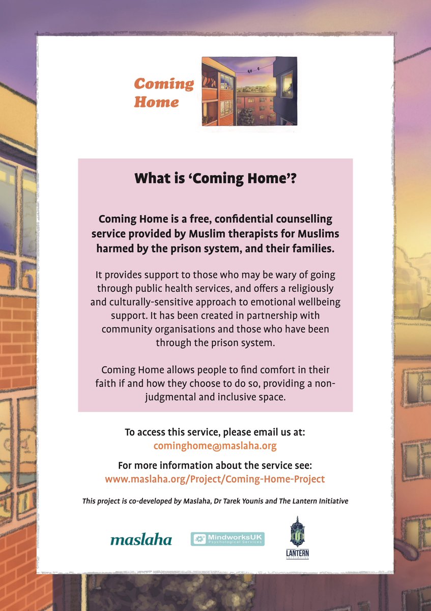 We know that systemic Islamophobia & racism adds to the stress and isolation faced by Muslim prisoners, who make up 18% of the prison population. Our Coming Home service offers free therapy for Muslims affected by the prison system & their families: maslaha.org/Project/coming…