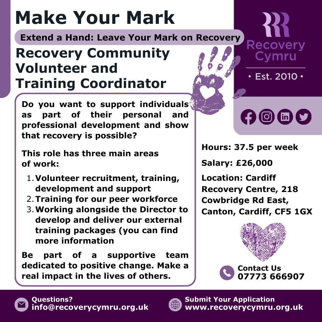 Join #RecoveryCymru! We're looking for a Volunteer and Training Coordinator to support our community. Lead, train, and inspire! Apply by Midnight, 6th May 2024. Details at recoverycymru.org.uk #NonProfitJobs #RecoverySupport