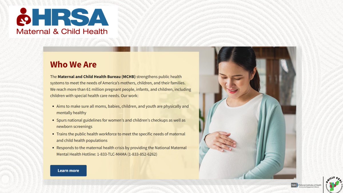 The Maternal and Child Health Bureau (MCHB) strengthens public health systems to meet the needs of America’s mothers.

Facing maternal mental health challenges? Call the National Maternal Mental Health Hotline at 1-833-TLC-MAMA (1-833-852-6262) for help.

mchb.hrsa.gov